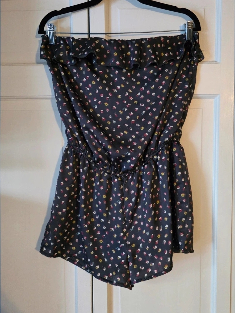 Floral Strapless Ruffle Romper Women's Medium Navy Blue Ditsy Summer Cute